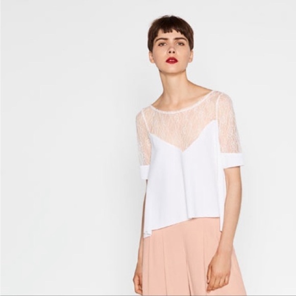 Zara White Short Sleeve Contrast Lace V-Neck Flowy Crop Blouse Size Medium - Picture 16 of 16